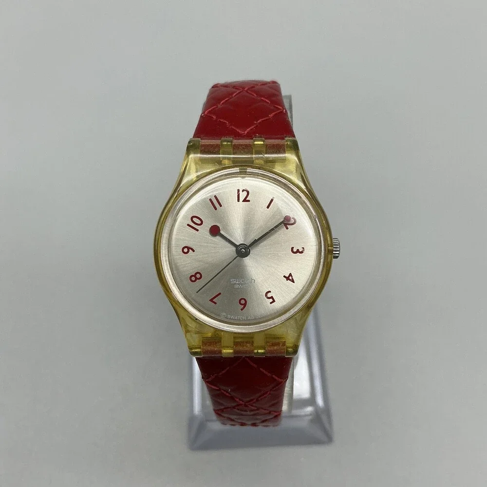 Vintage Swatch Womens Watch 25mm Silver Dial Yellow Case Red Leather Swiss